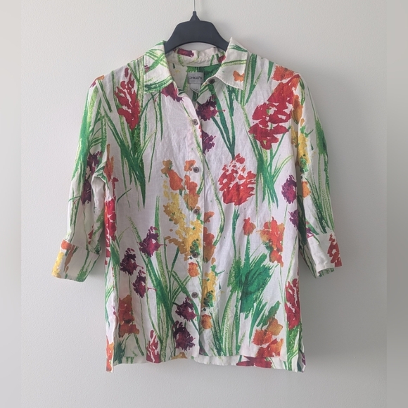 Chico's Tops - Chicos Linen Blouse Size Large Size 2 Floral Button-Up Shirt Colorful